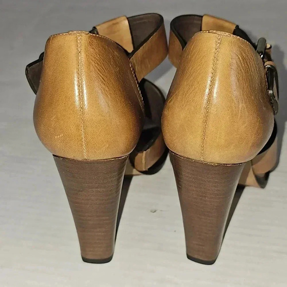 THEORY Brown T Strap Women Platform Heels Sz 7/37.5 - Picture 7 of 9
